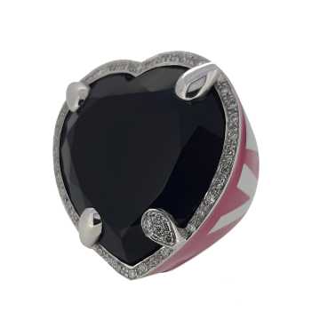 Foto Pietra Anello Pace Amore Big Size Smalto Fucsia Diamanti Bianchi Onice