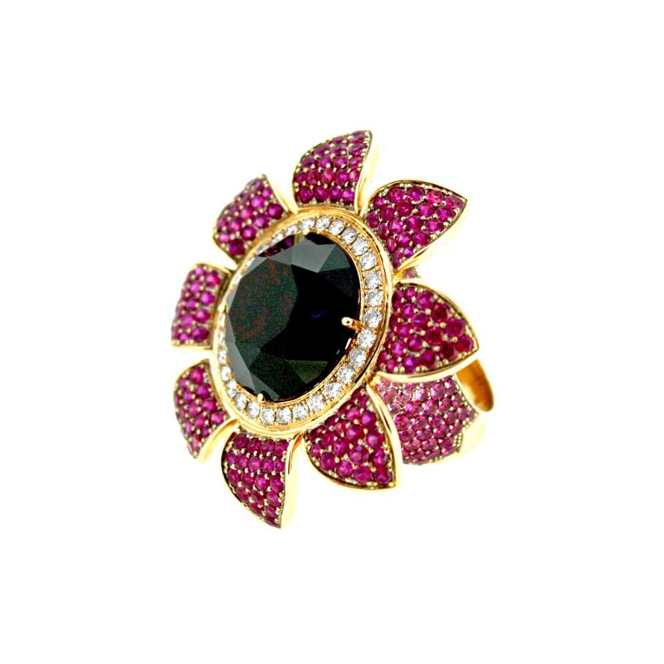 Anello fiore Collezione Girasole in oro, diamanti, zaffiri, rubini e granato