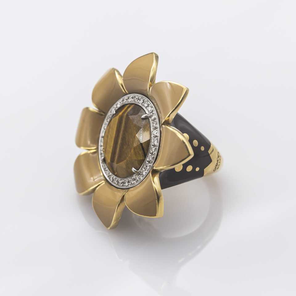 Anello fiore Collezione Girasole in oro, diamanti, occhio di tigre e smalto