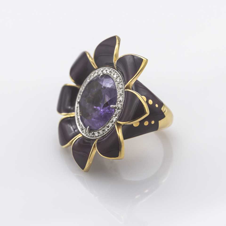 Anello fiore Collezione Girasole in oro, diamanti, ametista e smalto