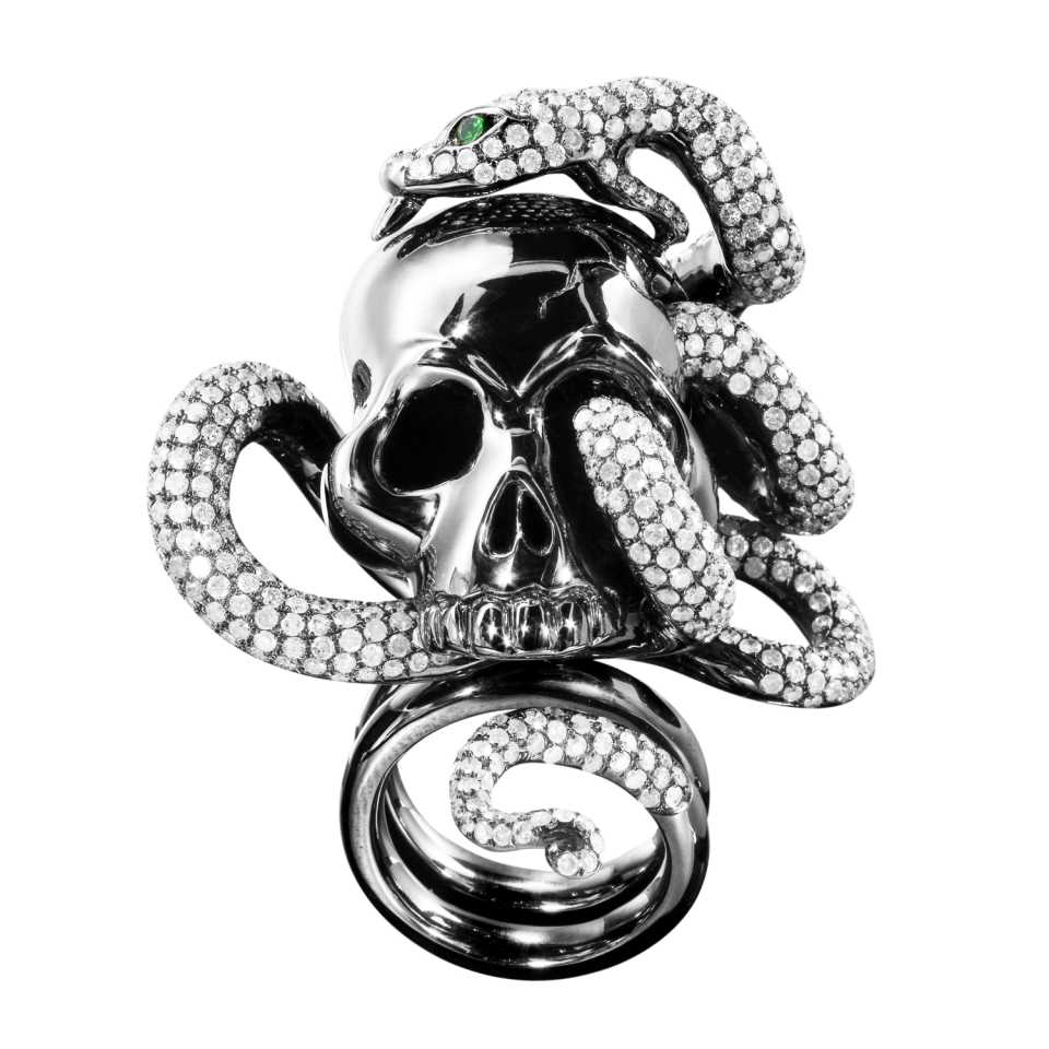 Anello teschio con serpente collezione Pirati in oro, diamanti e tsavoriti