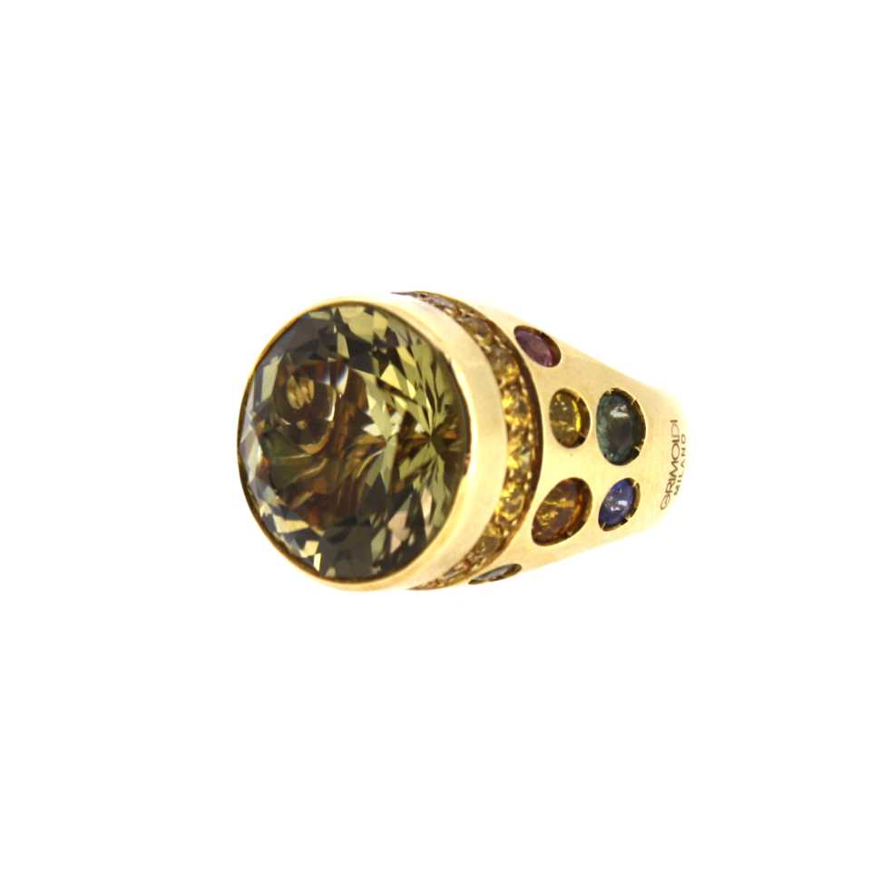 Anello Collezione Coriandoli  in oro, quarzo e zaffiri