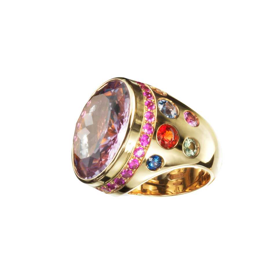 Anello Collezione Coriandoli  in oro, ametista e zaffiri colorati e rosa