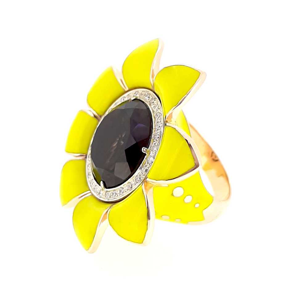Anello fiore Collezione Girasole in oro, diamanti, quarzo e smalto giallo