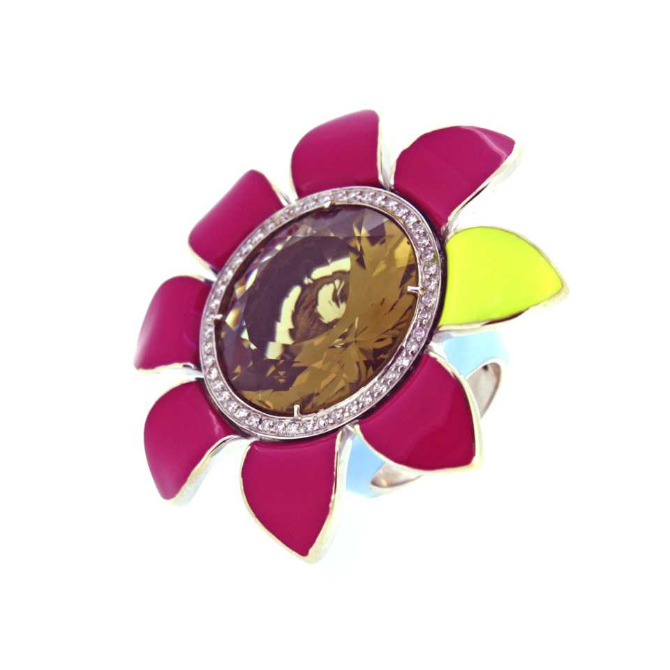 Anello fiore Collezione Girasole in oro, diamanti, quarzo e smalto 