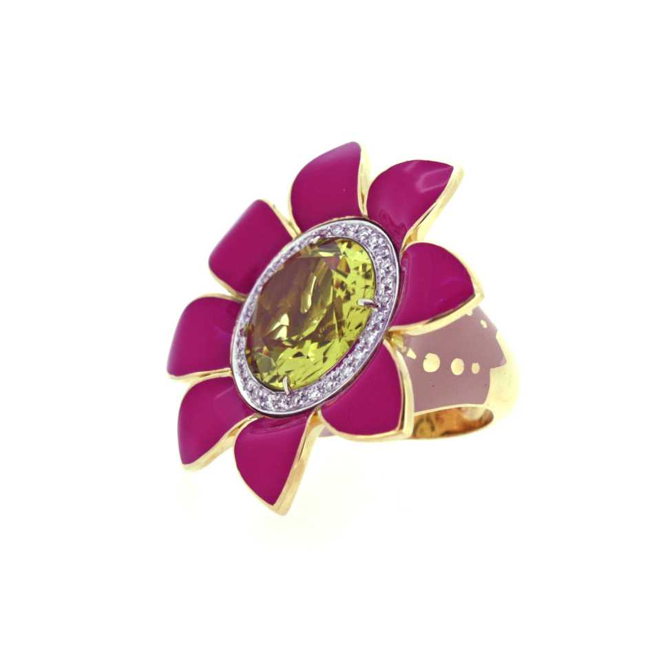 Anello fiore Collezione Girasole in oro, diamanti, quarzo e smalto fucsia