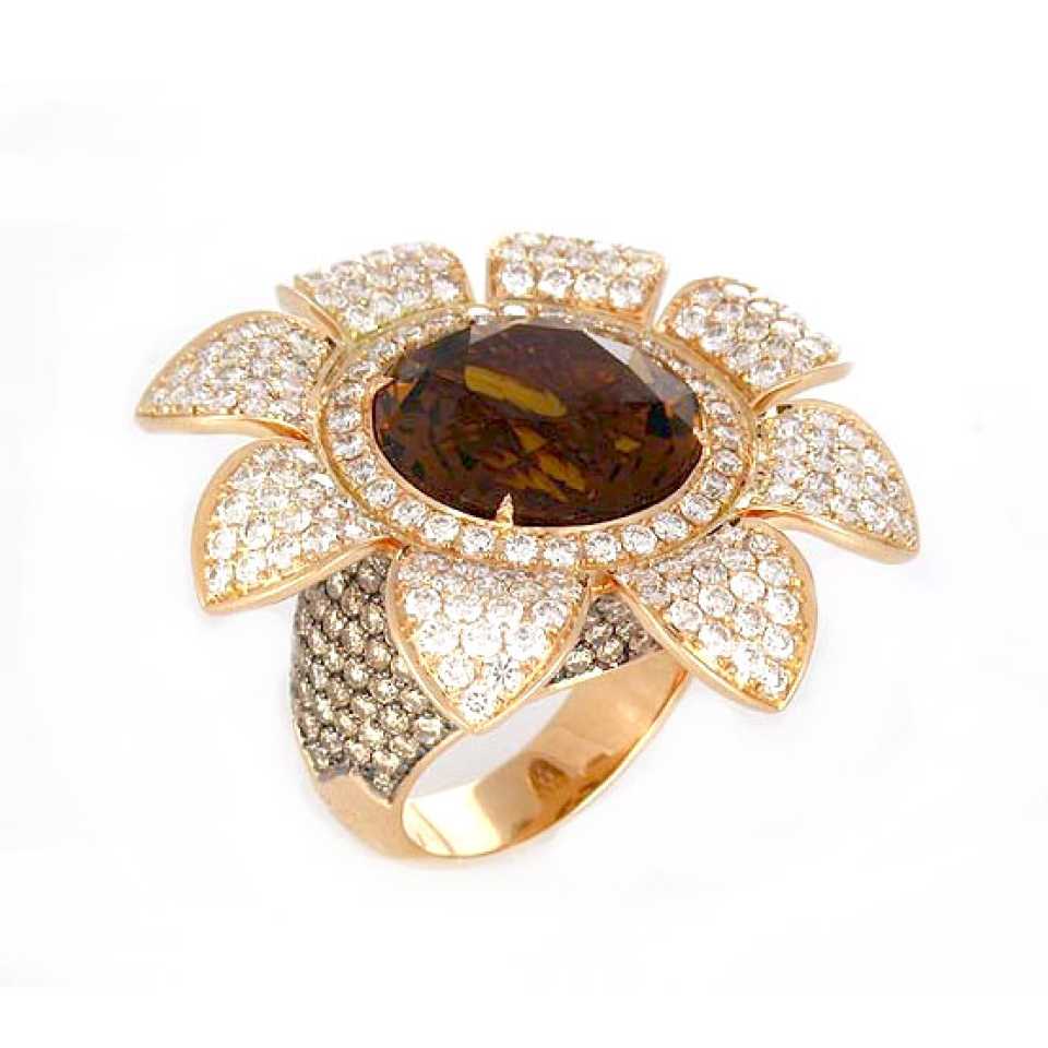 Anello fiore Collezione Girasole in oro, diamanti e quarzo