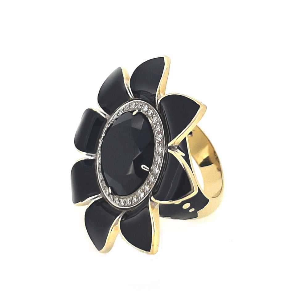 Anello fiore Collezione Girasole in oro, diamanti, onice e smalto nero